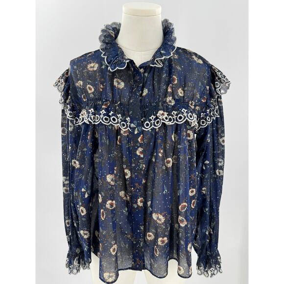 Isabel Marant Etoile Elmira Navy Blue Floral Eyelet Top Long Sleeve Blouse 38 6 - Picture 3 of 9
